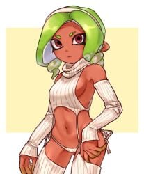 1girls breasts brown_eyes closed_mouth commentary_request dark-skinned_female dark_skin detached_sleeves garter_straps green_hair hairband ikki_(gsl_9708) korean_commentary looking_at_viewer medium_breasts medium_hair meme_attire navel nintendo octoling octoling_girl octoling_player_character panties sideboob simple_background sleeveless sleeveless_sweater sleeves_past_wrists solo splatoon splatoon_(series) splatoon_3 standing sweater tentacle_hair three_quarter_view turtleneck turtleneck_sweater two-tone_background underwear virgin_destroyer_sweater white_background white_hairband white_panties white_sleeves yellow_background