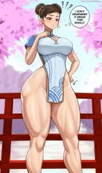 1girls 2024 2d 2d_(artwork) asian_clothing chun-li chun-li_(street_fighter_6) clothed clothing english english_text female female_only light-skinned_female light_skin muscular_thighs outdoors solo solo_female street_fighter superbusty text tree wide_hips