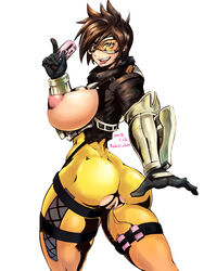 1girls 2d ass blizzard_entertainment bodysuit breasts brown_eyes brown_hair crotchless crotchless_clothes dat_ass exposed_breasts exposed_pussy female female_only gloves goggles jacket large_breasts nipples overwatch pussy redchicken sex_toy short_hair smile solo thigh_strap tongue tongue_out tracer vaginal_insertion vibrator visor