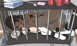 blush bondage bowl breasts brown_eyes brown_hair cage collar cuffs cuffs-to-collar dog_food female femsub highres in_container lock lying newspaper nipples nude on_side original padlock pet_bowl pussy_juice saiakugenjin saliva solo thighhighs tissue tissue_box tongue tongue_out vibrator vibrator_under_panties