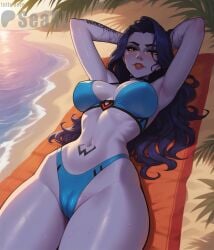 1girls ai_generated armpits beach big_breasts blizzard_entertainment cameltoe cleavage cowboy_shot curvaceous curvy curvy_body curvy_female curvy_figure hands_behind_head lying_on_back on_towel outdoors overwatch overwatch_2 seacreator solo swimsuit wide_hips widowmaker