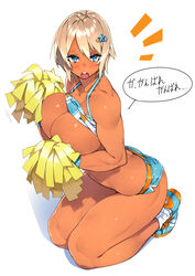 1girls abs blonde_hair blue_eyes blush breasts cheerleader cleavage dark-skinned_female dark_skin female hair_ornament kneeling large_breasts muscular_female open_mouth original sela_(sela_god) sela_god shirt_lift shoes short_hair shorts socks solo sweatdrop tank_top