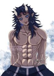 1boy aizetsu blue_eyes blue_sclera demon demon_boy demon_horns demon_humanoid demon_slayer dominant dominant_male domination hantengu horny horny_male japanese japanese_clothes japanese_clothing japanese_male kimetsu_no_yaiba loincloth long_bangs long_hair long_hair_male male male_focus male_only male_penetrating muscles muscular muscular_male pointy_ears sharp_teeth submissive submissive_male tan-skinned_male tan_skin tattoo_on_tongue tongue tongue_out tongue_tattoo upper_moon