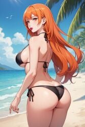 1girls ai_generated amanda_(tdm) ass back back_view backside beach beach_background bikini bikini_only black_bikini brazilian female_only lipstick looking_back looking_back_at_viewer ocean orange_eyes orange_hair red_hair red_lipstick redhead sand solo solo_female turma_da_monica turma_da_monica_jovem water