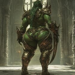 ai_generated armored_female ass_focus big_ass big_breasts big_butt darkinea_realm dungeon fat_ass female female_focus firm_ass green_ass green_hair green_skin huge_ass humanoid indoors inside larger_female muscular_female orc orc_female revealing_clothes solo solo_female thick_butt thick_hips thick_thighs wide_ass wide_hips wide_thighs