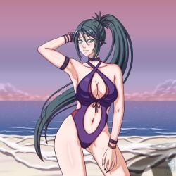 1girls bare_legs beach big_breasts cleavage fire_emblem green_eyes green_hair kiria_kurono nintendo ocean one-piece_bikini pin_up sokloeum sunset tokyo_mirage_sessions_#fe