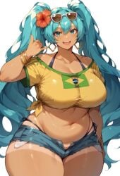 ai_generated bare_legs bbw big_breasts blue_eyes blue_hair brazil brazilian brazilian_female brazilian_flag brazilian_miku earrings flower_in_hair hatsune_miku huge_breasts huge_thighs large_breasts long_hair looking_at_viewer short_shorts smiling solo_female squatting sunglasses sunglasses_on_head sweat sweatdrop t-shirt t2d@ai tan-skinned_female tan_body tanned_female tanned_skin thick_body thick_female thick_thighs thighs thighs_bigger_than_head twintails very_long_hair vocaloid voluptuous voluptuous_female