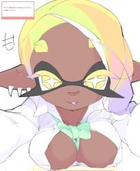 1girls big_breasts bowtie breast_press breasts clothed collared_shirt dark-skinned_female ear_piercing fangs frye_(schoolgirl) frye_(splatoon) hair_ornament mocamocaink nintendo open_mouth piercing pointy_ears pov purple_hair purple_tongue school_uniform schoolgirl shirt solo splatoon splatoon_3 tentacle_hair unbuttoned unbuttoned_shirt x_hair_ornament yellow_eyes yellow_hair