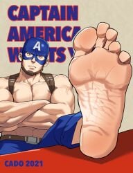 2021 arms_crossed barefoot blue_eyes cado_tk32 captain_america captain_america_(series) foot_fetish foot_focus foot_on_table i_want_you male_feet male_foot_fetish marvel marvel_cinematic_universe marvel_comics muscular no_visible_genitalia shirtless solo_male steve_rogers toes