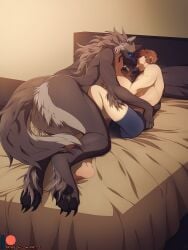 2018 3:4 anthro ass barefoot bed big_butt blue_eyes boxers_(clothing) breasts brown_hair canid canine canis claws clothed clothed/nude clothed_male clothing cuddling daww digitigrade duo eleniel english_text fangs feet female female_on_human fluffy fluffy_hair fur furniture glowing glowing_eyes grey_hair hair hi_res hindpaw human human_on_anthro human_on_anthro_romance interspecies keven_(oc) larger_anthro larger_female love male male/female male_human male_on_anthro mammal mane mostly_nude muscular muscular_male muzzle_scabs mythological_canine mythological_creature mythology nude nude_female on_bed patreon patreon_logo patreon_username patto pawpads paws romantic romantic_couple sharp_teeth size_difference smaller_human smaller_male smile tail teeth text toe_claws toes underwear url were werecanid werecanine werewolf wolf