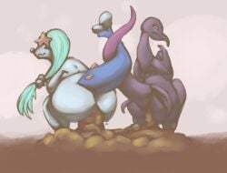 2019 anthro ass blue_hair blue_tail crouching duo entwined_tails feces feces_everywhere feces_on_ground feces_pile female generation_7_pokemon hair hi_res jubb nintendo nude nude_anthro nude_female pink_eyes pink_nose pokemon pokemon_(species) pooping_on_floor pooping_together primarina purple_body purple_tail salazzle scat scatplay signature tail tail_coil wavy_mouth white_body