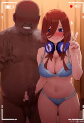 1boy 1boy1girl 1girl ai_generated blue_bra blue_panties bra cheating cheating_girlfriend dark-skinned_male fat_man female go-toubun_no_hanayome handjob interracial large_penis male_pubic_hair nakano_miku netorare panties peace_sign recording straight testicles thick_thighs waroffree