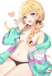 brat cute_fang gakuen_idolmaster heart kotone_fujita open_jacket open_mouth panties pikuseru signature small_breasts smile waving waving_hand x_pasties