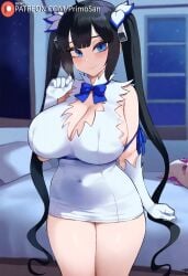 ai_generated black_hair blue_eyes dress dungeon_ni_deai_wo_motomeru_no_wa_machigatteiru_darou_ka hestia_(danmachi) large_breasts long_hair oppai primosan revealing_clothes twintails white_dress