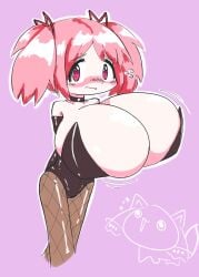 big_breasts blush breasts breasts_bigger_than_head bunnysuit chibi cleavage_overflow embarrassed fishnets hair_ribbon huge_boobs huge_breasts kyuubee madoka_kaname magical_girl mahou_shoujo_madoka_magica nekostigmata pink_eyes pink_hair playboy_bunny puella_magi_madoka_magica red_ribbon ribbon ribbons tagme thick_thighs thighhighs twintails