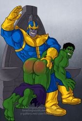 ass backsack black_hair blush bubble_butt cmnm domination feet green_skin headingsouth hulk male male_feet male_only marvel marvel_comics muscles muscular otk_spanking pants_around_ankles punishment spanked_butt spanking thanos watermark