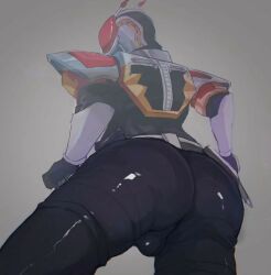 1boy armor armored_male ass ass_focus backshot balls balls_visible_through_clothing ballsack bodysuit facing_away_from_viewer kamen_rider kamen_rider_den-o kamen_rider_den-o_(series) male_focus male_only momotaros presenting_ass red_armor showing_ass simple_background solo