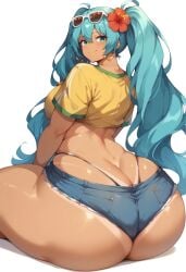 ai_generated ass_bigger_than_head back_view backboob bare_legs big_ass big_breasts big_butt blue_eyes blue_hair brazil brazilian brazilian_female brazilian_miku earrings fat_ass flower_in_hair gigantic_ass hatsune_miku huge_breasts huge_thighs large_breasts long_hair looking_back massive_ass short_shorts smiling solo_female squatting sunglasses sunglasses_on_head sweat sweatdrop t-shirt t2d@ai tan-skinned_female tan_body tanned_female tanned_skin thick_body thick_female thick_thighs thighs twintails very_long_hair vocaloid voluptuous voluptuous_female