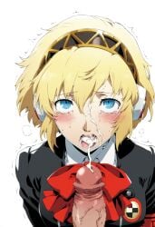 aegis_(persona) ai_generated aigis_(persona) android blonde_hair blue_eyes cum_in_mouth cum_on_face cumshot persona persona_3 red_ribbon