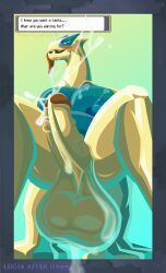 absurd_res anthro balls blush bodily_fluids cum ejaculation erection generation_2_pokemon genital_fluids genitals glans hi_res legendary_pokemon leon_ad looking_at_viewer low-angle_view lugia male nintendo penis pokemon pokemon_(species) solo tongue tongue_out