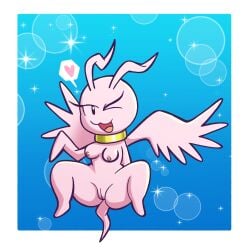 anthro bandai_namco breasts collar digimon digimon_(species) el_senor_erizo eyelashes female genitals heart_symbol hi_res looking_at_viewer marineangemon nipples nude one_eye_closed open_mouth pink_body pussy smile solo spread_legs spreading tail wide_hips wings wink