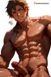 1boy abs ai_generated armpit_hair bara brown_hair chest_hair completely_nude cum erection goldenfieldszho green_eyes hairy large_pectorals long_hair looking_at_viewer male_focus male_pubic_hair muscular muscular_male mushoku_tensei navel navel_hair nipples nude paul_greyrat pectorals penis precum pubic_hair smile solo stomach sweat testicles thighs uncensored veins veiny_penis white_background