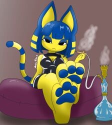 animal_crossing ankha ankha_(animal_crossing) azureemmi_(artist) breasts foot_fetish foot_focus hookah latex latex_suit nintendo smoking