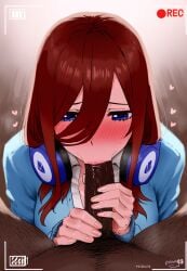 1boy 1boy1girl 1girl :>= ai_generated cheating cheating_girlfriend dark-skinned_male fat_man female go-toubun_no_hanayome heart interracial large_penis male_pubic_hair nakano_miku netorare oral pov recording straight waroffree