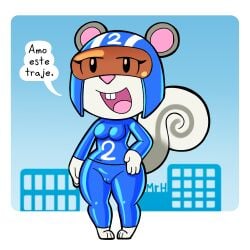 agent_s_(animal_crossing) animal_crossing anthro armor breasts camel_toe clothed clothing el_senor_erizo eyelashes female fur grey_body grey_fur headgear helmet hi_res latex latex_clothing legwear mammal nintendo open_mouth rodent sciurid simple_background smile solo text thick_thighs tight_clothing