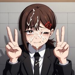 ai_generated chainsaw_man cum cum_on_face eye_closed kobeni_higashiyama peace_sign suit tear