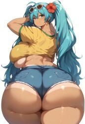 ai_generated ass_bigger_than_head back_view backboob bare_legs big_ass big_breasts big_butt blue_eyes blue_hair brazil brazilian brazilian_female brazilian_miku earrings fat_ass flower_in_hair gigantic_ass hatsune_miku huge_breasts huge_thighs large_breasts long_hair looking_back massive_ass short_shorts smiling solo_female squatting sunglasses sunglasses_on_head sweat sweatdrop t-shirt t2d@ai tan-skinned_female tan_body tanned_female tanned_skin thick_body thick_female thick_thighs thighs twintails very_long_hair vocaloid voluptuous voluptuous_female