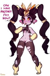 1girls arm_warmers bare_shoulders black_hair black_legwear black_nails blush breasts cosplay crop_top dialogue fake_tail fefairi feferi_peixes fins food french_fries grey_skin halterneck homestuck horns lifting_shirt long_hair looking_at_viewer lopunny lopunny_(cosplay) mega_lopunny mega_lopunny_(cosplay) mole mouth_hold ms_paint_adventures nail_polish navel nipples pokemon pokemon_(cosplay) pokemon_(species) purple_eyes pussy revealing_breasts shirt_lift simple_background speech_bubble standing tail text thighhighs tied_hair torn_clothes torn_thighhighs troll turtleneck twintails very_long_hair white_background yellow_sclera