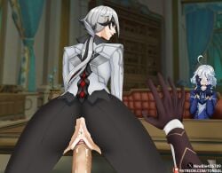 1boy 2girls aether_(genshin_impact) arlecchino_(genshin_impact) background clothed clothing female_on_top furina_(genshin_impact) genshin_impact penis pussy reverse_cowgirl_position ripped_clothing sex tongol123 vaginal_penetration watching white_hair