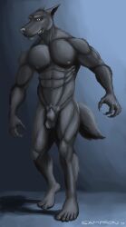 2019 5_fingers 5_toes abs absurd_res animal_genitalia anthro balls big_chest big_muscles black_body black_fur black_lips broad_shoulders canid canine claws digital_media_(artwork) digital_painting_(artwork) ears_back feet fingers fur genitals grey_nose hi_res humanoid_feet lips looking_at_viewer male mammal mischevious muscular muscular_anthro muscular_male mythological_canine mythological_creature mythology navel nipples nude pecs pink_nipples pivoted_ears plantigrade pubes red_eyes sampsonwoof serratus shaded sheath signature simple_background smile soft_shading solo standing tail teeth thick_neck toe_claws toes were werecanid werecanine werewolf