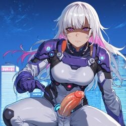 1futa ai_generated armor city city_background eyebrows_visible_through_hair futanari long_hair penis precum self_upload solo solo_futa stable_diffusion white_hair