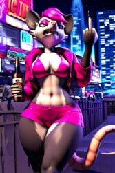 3d abs ai_generated annoyed anthro bikini_top cleavage eyeshadow female female_focus female_only furry furry_female furry_focus furry_only half_jacket holding_drink in_public jacket large_breasts majorfluffy middle_finger midriff novelai pink_eyeshadow pink_hair possum short_hair short_shorts solo solo_focus thick_thighs two-tone_fur wide_hips