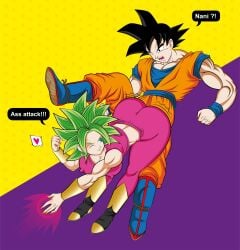 1boy ass ass_focus black_hair breasts dragon_ball dragon_ball_super earrings female female_pervert full_body fusion green_hair kefla large_breasts nipples pervert potara_earrings potara_fusion sex_invitation sexually_suggestive son_goku straight unique_hair