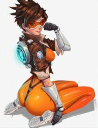 1girls ai_generated ass bodysuit brown_hair female glasses overwatch self_upload short_hair small_breasts spare1632 sunglasses tight_clothing tinted_eyewear tracer visor