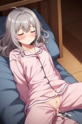 ai_generated asleep bed bedroom cum cum_drip cum_in_pussy cum_inside dripping_pussy flanofart grey_hair pijama short_hair sleeping sleepy sleepygirl_(flanofart) tagme