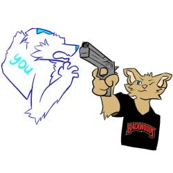 2024 aiming aiming_at_another aiming_gun aiming_weapon anthro blue_eyes canid canine cheek_tuft clothed clothing colored corpse death digital_drawing_(artwork) digital_media_(artwork) duo english_text facial_tuft flat_colors fur gore gun head_tuft koffeecake male male/male mammal meme one_eye_closed open_mouth pink_nose ranged_weapon smile telegram_sticker text tuft weapon