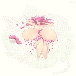 1girl big_breasts breasts breasts_bigger_than_head cat_ears cat_tail hataraki_ari huge_breasts laid_down milk milkcat_(hataraki_ari) open_mouth pink_hair tail