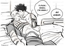 bakugou_katsuki balls ballsack bandaged_arm black_and_white blonde_hair boku_no_hero_academia climax fluffy_hair freckles_on_face green_eyes green_hair hospital hospital_bed izuku_midoriya katsuki_bakugou midoriya_izuku moaning moaning_in_pleasure my_hero_academia pleasure_face precum red_eyes shaking shaking_legs spiked_hair spikey_hair stroking stroking_cock stroking_penis wet wet_anus wet_ass yaoi