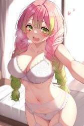 ai_generated bra cleavage demon_slayer garter_straps green_eyes green_hair kanroji_mitsuri lace lace-trimmed_bra lace-trimmed_panties lace_bra lace_panties lace_trim lingerie lingerie_bra lingerie_only lingerie_panties panties pink_hair underwear underwear_only