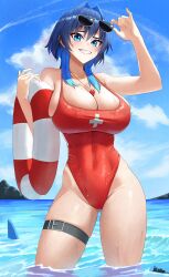 1girls highlights_(coloring) hololive hololive_english hololive_english_-council- hololive_english_-promise- huge_breasts lifeguard looking_at_viewer multicolored_hair ouro_kronii thick_thighs virtual_youtuber wide_hips