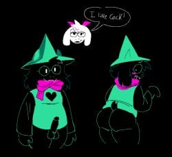 2024 anthro ass balls big_butt blush bottomless bovid caprine clothed clothing deltarune embarrassed english_text erection femboy fembunns genitals goat looking_back male mammal penis ralsei simple_background slightly_chubby solo standing tail text thick_thighs undertale_(series)