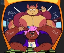 anthro arcade ass bear big_breasts big_butt big_nipples body_hair breasts brown_body chest_hair danmagicbear danmagicbear_(character) dragon duo hair hi_res horn huge_breasts huge_butt huge_hips hyper hyper_butt male male/male mammal mythological_creature mythological_scalie mythology nipples overweight overweight_male pink_hair red_hair red_nipples scalie wide_hips yellow_body zedith_(kinghydorah)
