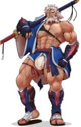 balls bara beard big_penis body_hair bulge clothing facial_hair flaccid gijinka hisuian_samurott male male_only muscles muscular nintendo penis pokemon samurott solo solo_male wolfshirtart