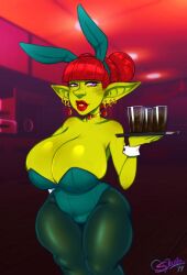 1girls 2019 2d animal_ears big_breasts bowtie bunny_ears bunny_girl bunny_tail bunnysuit choker cleavage curvy detached_collar drink earrings fake_animal_ears female female_only goblin goblin_(warcraft) goblin_female green_skin hourglass_figure huge_breasts jewelry leotard monster_girl natazii_(sheela) outfit_variant pantyhose recolor red_hair red_lipstick sharp_teeth sheela shortstack solo strapless strapless_leotard teal_clothing thick_thighs tray wide_hips world_of_warcraft wrist_cuffs