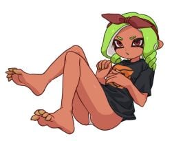 1girls barefoot curly_hair feet green_hair ikki_(gsl_9708) looking_at_viewer nintendo no_pants octoling octoling_girl octoling_player_character open_mouth panties ribbon short_hair side_part simple_background soles solo splatoon splatoon_(series) tentacle tentacle_hair toes underwear white_background white_panties