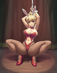 1girls areola areola_slip blonde_hair blue_eyes blush bowtie breasts bunny_costume bunny_ears bunny_girl bunnygirl bunnysuit busty cleavage detached_collar excellen_browning female female_only fishnet fishnet_pantyhose high_heels hourglass_figure large_breasts leotard navel nipple_slip nipples pantyhose pole pole_dancing red_heels red_high_heels sefuart smile solo squatting stripper stripper_pole super_robot_wars voluptuous wrist_cuffs wristband